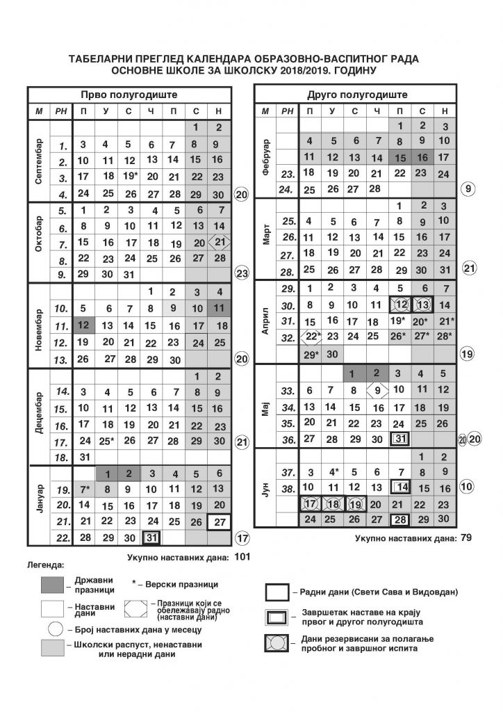 Школски календар 2014-2015. година